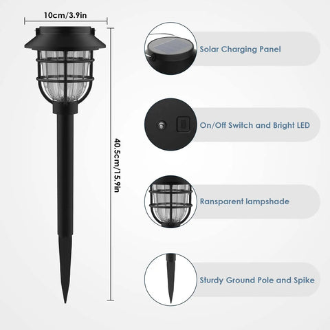 Dimensions and details of Bright Solar Pathway Lights Outdoor 10 Pack with Warm White LED, showing solar panel and features.