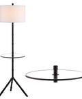 Oil Rubbed Bronze LED Floor Lamp With Built-In End Table, 62-Inch Tripod-Style Standing Light, White Linen Drum Shade, 20.5-Inch Round Table