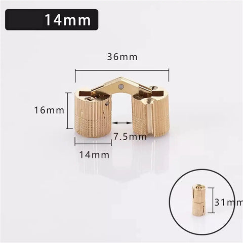 Brass Cylindrical Barrel Hinges For Cabinets Concealed Mount Hardware 14mm size featuring detailed measurements and design view