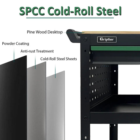 Rolling Tool Cart With 3-Tier Workshop Storage, Black Metal Frame And Wooden Top Workbench details and materials overview.