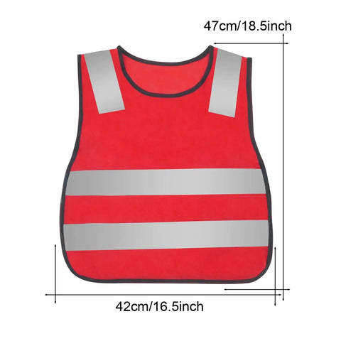 Hella Bright Mesh Safety Vest For Kids With Heavy Duty Reflective Strips And Easy Stretch Waistband 5 Pack Neon Red front view with measurements.