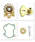 Front view of ANODZU gearshift fan gear set, 4-piece kit with gold gears, green gasket, washer and bolt