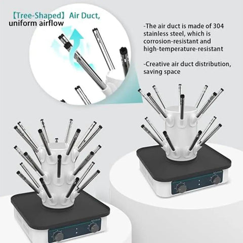 Game-Changing Electric Glassware Airflow Dryer Rack, with tree-shaped air duct, stainless steel, and ports for drying flasks.