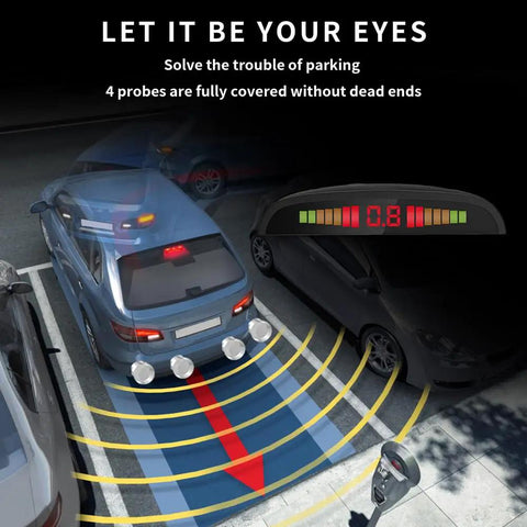 Wireless Parking Sensor System with 4 Blue Backup Sensors, LED Distance Display, and Sound Warnings for Cars shown installed