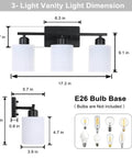 Three Light Black Matte Vanity Light Fixture With Milky White Frosted Glass Shades For Bathroom Over Mirror dimensions chart