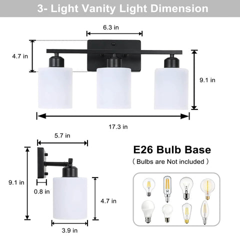 Three Light Black Matte Vanity Light Fixture With Milky White Frosted Glass Shades For Bathroom Over Mirror dimensions chart