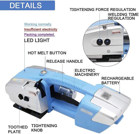 Close-up view of Heavy Duty Automatic Welding Strapping Machine 3000 Mah Battery Powered Electric Banding Tool with controls and features.