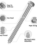 Heavy Duty Stainless Steel Lag Screws Set for Wood Half Inch by Five Inch Hex Head Bolts Ten Pack 304 Stainless 18 8 Rust Resistant