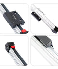 Collage of Belt Drive Beefy Linear Stage for CNC Machines, dual rail guide, 100mm stroke, high precision actuator, close-up views