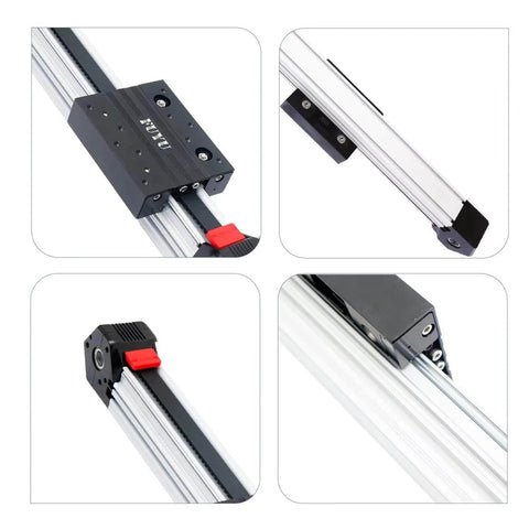 Collage of Belt Drive Beefy Linear Stage for CNC Machines, dual rail guide, 100mm stroke, high precision actuator, close-up views
