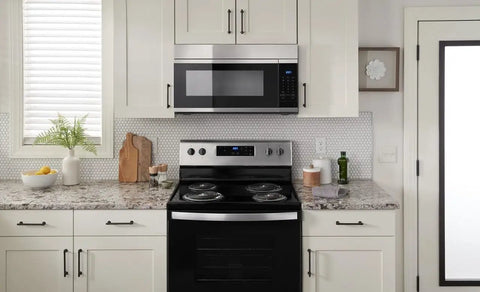 Modern kitchen with electric range and oven, highlighting the Genuine OEM Bake Element For Electric Ovens And Ranges Model W10779716 Replacement Heating Element, Bottom Bake Element For Even Baking, Plug And Play Install, Exact Fit, Durable OEM Part For Home Kitchen installed inside.