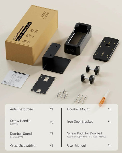 Anti-Theft Video Doorbell Mount No-Drill Install components including bracket, screws, and guide, shown unassembled.