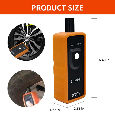 Professional TPMS Relearn Tool For Tire Pressure Monitor Activation And Universal Sensor Reset, dimensions shown 6.49x2.55x1.77 in.