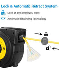 40 Ft Retractable Extension Cord Reel With A Heavy Duty SJTOW Cable Triple Outlets And 15A Breaker close-up view