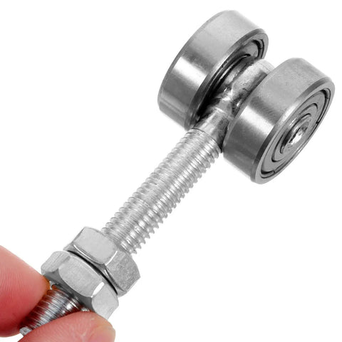 Heavy Duty Double Bearing Sliding Door Rollers With Rugged Steel Pulleys For Smooth Barn Track Glides, showing dual steel wheels and screw.