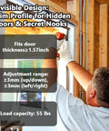 Four Pack Stealth Matte Black Hidden Door Hinges Straight Up Smooth And Built Legit With Rust Proof Zinc Alloy Plus Adjustable Silent Close specs shown during installation.