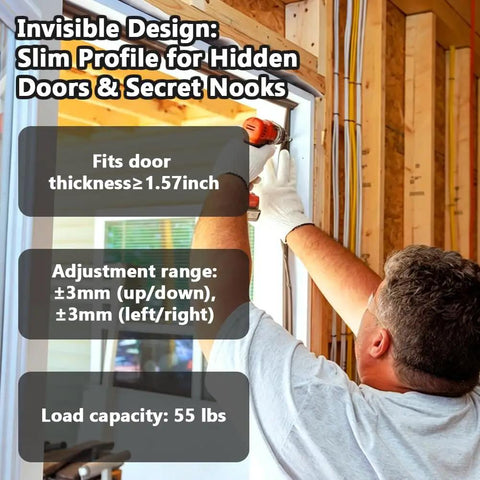 Four Pack Stealth Matte Black Hidden Door Hinges Straight Up Smooth And Built Legit With Rust Proof Zinc Alloy Plus Adjustable Silent Close specs shown during installation.