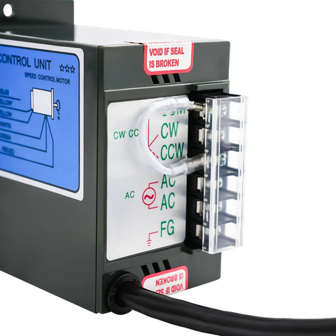Front view of AC gear motor with speed controller; CW/CCW dial, blue control panel, and power cord.