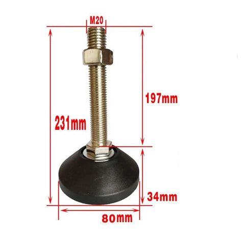 M20 thread heavy duty swivel adjustable leveling foot with D80 nylon base, 231mm height, for furniture support.