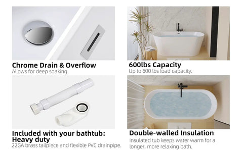 Chrome drain and overflow in Hella Spacious Freestanding Acrylic Bathtub, Gloss White Stand Alone Soaker With Smooth Double Wall Insulation.