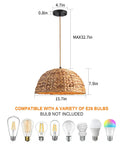 Farmhouse Rattan Pendant Light Hand Woven Seagrass Dome Chandelier dimensions with bulb compatibility.