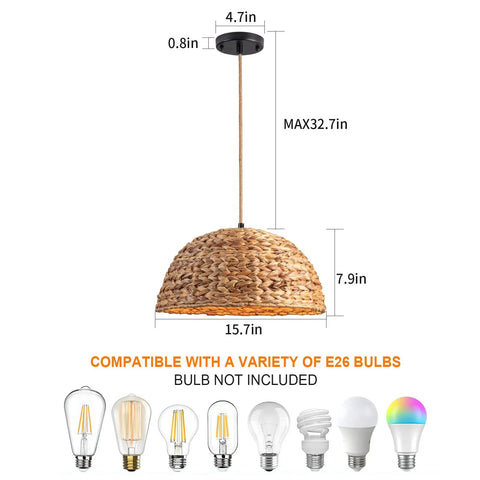 Farmhouse Rattan Pendant Light Hand Woven Seagrass Dome Chandelier dimensions with bulb compatibility.