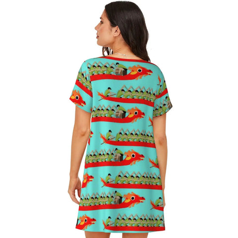 Woman wearing Dragon Boat Racing Inspired Women Sleep Shirt Nightgown Soft Cozy Nightdress with dragon print back view