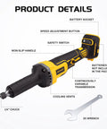 Heavy Duty Brushless Die Grinder Cordless Power Tool With One Quarter Inch Chuck For Pro Shops Gonna Smash Every Cut Polish And Grind Job Like A Total Boss showing product details, including speed adjustment, non-slip handle, and 1/4 inch chuck.