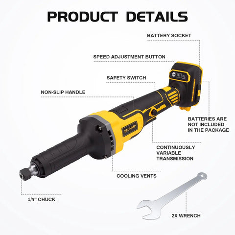 Heavy Duty Brushless Die Grinder Cordless Power Tool With One Quarter Inch Chuck For Pro Shops Gonna Smash Every Cut Polish And Grind Job Like A Total Boss showing product details, including speed adjustment, non-slip handle, and 1/4 inch chuck.