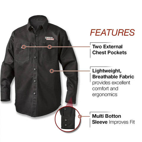 Black 9 Oz Flame Resistant Cotton Welding Shirt With Custom Fit, Medium, 40 Inch Length, Two Chest Pockets, FR Workwear