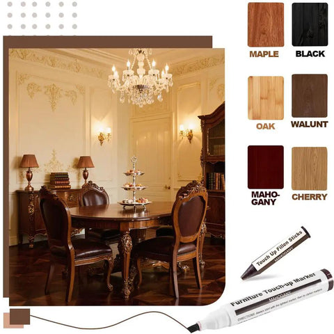 Knock Out Those Dang Scratches With This Legit Furniture Repair Set featuring wood touch up markers and filler sticks in a dining room.