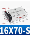 Double Shaft Pneumatic Actuator TN16X70S M5 Port For Stable Output Guide Rail Linear Motion with detailed measurements shown