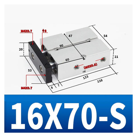 Double Shaft Pneumatic Actuator TN16X70S M5 Port For Stable Output Guide Rail Linear Motion with detailed measurements shown
