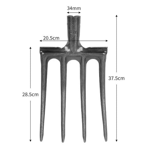 Beefy Garden Digging Fork For Hard Ground with 4 tines, 34mm pole, high carbon steel, dimensions displayed, ideal for soil lifting.