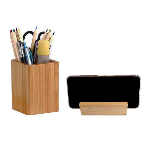 Two Pack Bamboo Pen Holder And Card Stand Set For Home Office And School, Natural Durable Bamboo Desk Organizer with phone and pens