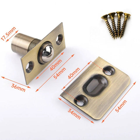 Stunning Golden Roller Latch With Adjustable Tension For Closet Cupboard Door hidden beads lock hardware, solid brass design with dimensions.
