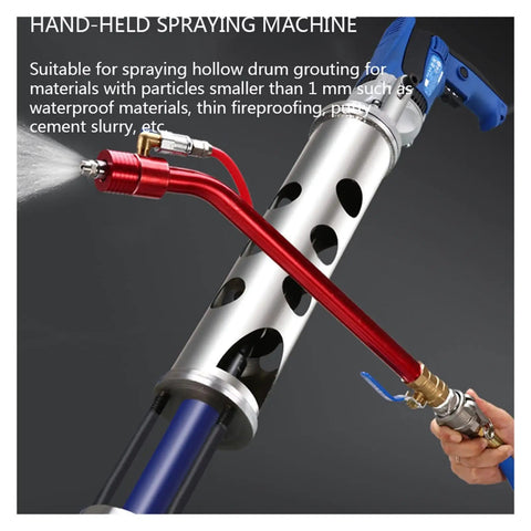 Heavy Duty High Pressure Spray Gun And Putty Applicator Crafted For Mortar And Real Stone Paint Work with stainless steel body and red nozzle.