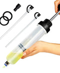 Heavy Duty Automotive Fluid Extractor Pump 200cc Oil Syringe Transfer Tool with visible level lines, suctioning fluid.