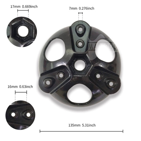 Wind Turbine Wheel Hub And Cap Kit With 3 Blades For Horizontal Turbines DIY Friendly Windmill Accessories 100W To 1000W Includes Screws And Nuts Compatible With 17mm Shaft Durable Metal Hub Cap For Easy Install showing measurements and openings