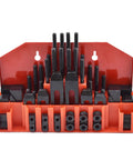 58 Pack Pro Series 7/16 Inch T Slot Hold Down Clamp Kit for Bridgeport Mill Setup, organized in red holder, cast steel parts