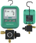 DUOYI DY519 3-in-1 HVAC digital manifold gauge with green housing and large display, front view
DUOYI DY519 3-in-1 HVAC digital manifold gauge, green housing; back shows label panel and fittings