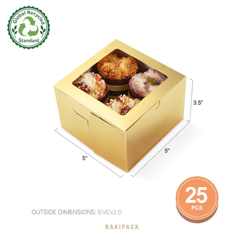 Premium Gold Bakery Boxes With Clear Window, 25 Pack Of 5x5x3.5 Inch Cake Containers Keep Cupcakes And Pies Looking Dope, Solid Food Grade Shipping Supplies For Small Business Owners To Sell Sweet Treats Today