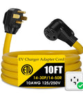 Hassle Free Plug And Charge Your Electric Ride With This Nema 14-30P To 14-50R Ev Charger Adapter Cord For Smooth Level Two Power Transfer On Any Modern Dryer Outlet Ten Foot Etl Certified Cable, showing yellow 10ft cord with connectors.