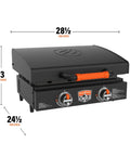 22-Inch Tabletop Griddle With Built-In Hood For Camping And Tailgating, showing dimensions and dual heat controls