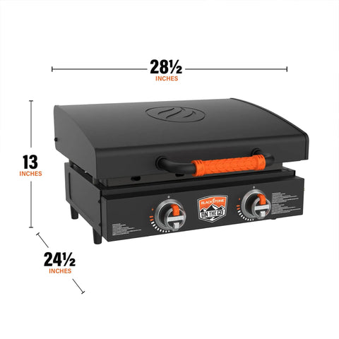 22-Inch Tabletop Griddle With Built-In Hood For Camping And Tailgating, showing dimensions and dual heat controls
