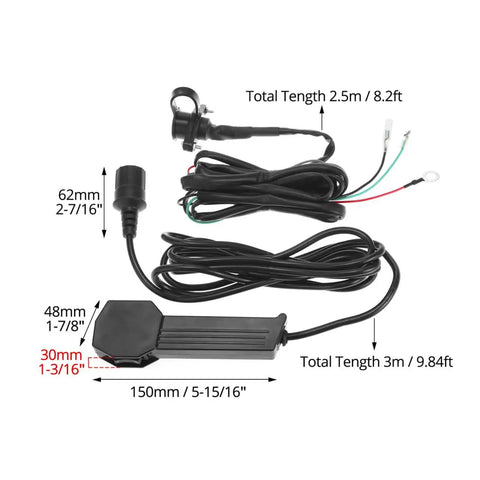 12V ATV And UTV Winch Corded Hand Controller Kit With 16 Foot Cable Wired Remote Control For Easy Winching Durable Wiring Pack Included Rugged Interlock Design For Rough Trails. Black wired remote with 3m cable and plug connectors for ATV/UTV winch control.
