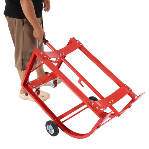 Heavy Duty Drum Cradle With Wheels Handles 600lbs Moving 55 Gallon Barrels Easy Around Shop being carried with stylish red frame.