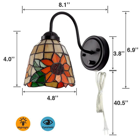 Bedside Wall Mount Lamp With Dimmable Switch, Industrial Gooseneck Sconce With Plug In Cord, Sea Blue Stained Glass Shade