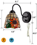 Bedside Wall Mount Lamp With Dimmable Switch Gooseneck Sconce Industrial Vintage Look Floral Stained Glass Shade Plug In Cord