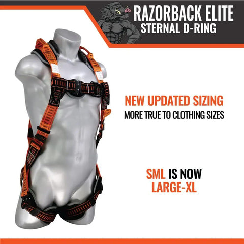 Razorback Elite Safety Harness With Lightweight Build, Sewn In Belt, displayed on mannequin, sternal D-ring visible